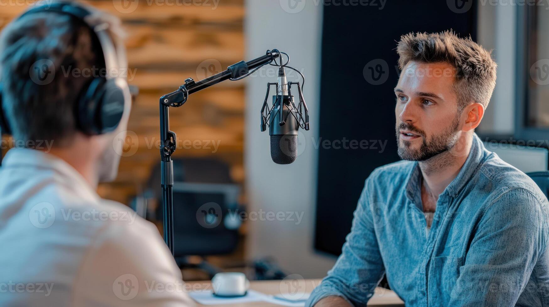 Podcast host and guest discussing ideas in broadcasting studio using technology photo