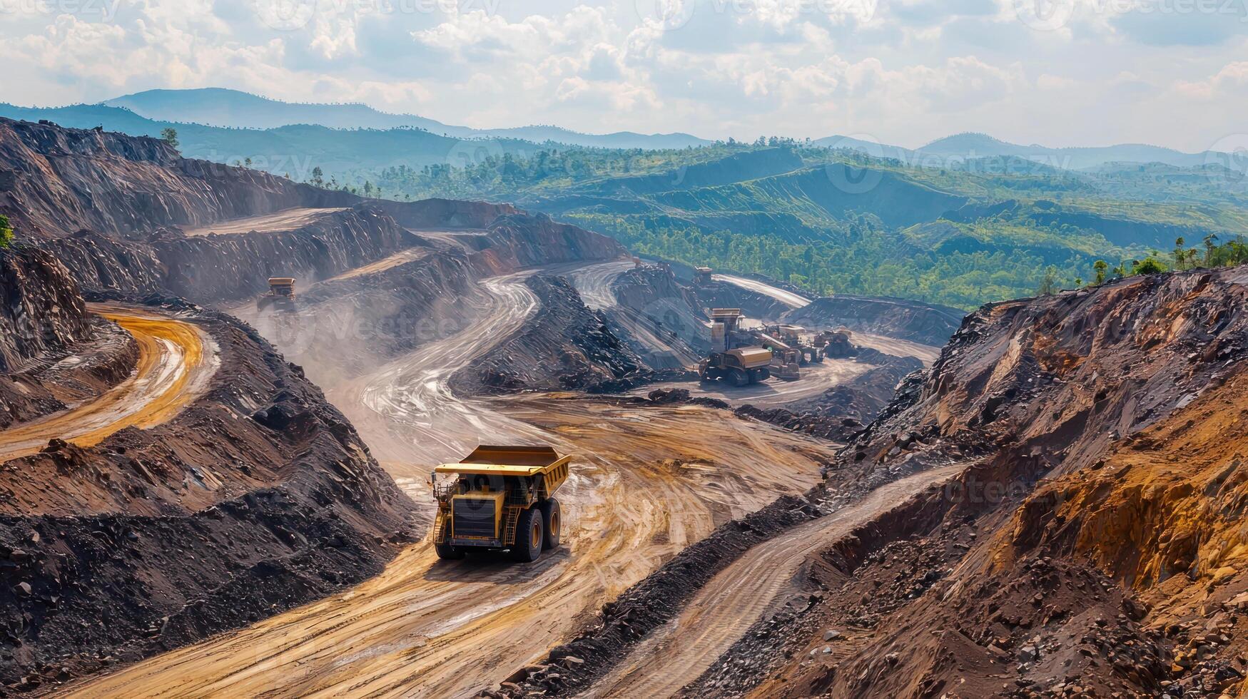 panoramic view of mining site with heavy machinery showcasing industrial operations and rugged terrain photo