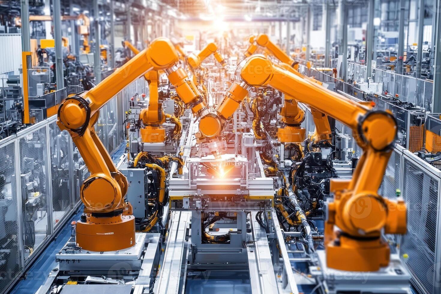factory floor with robotic arms working efficiently, showcasing technology and innovation in automation photo