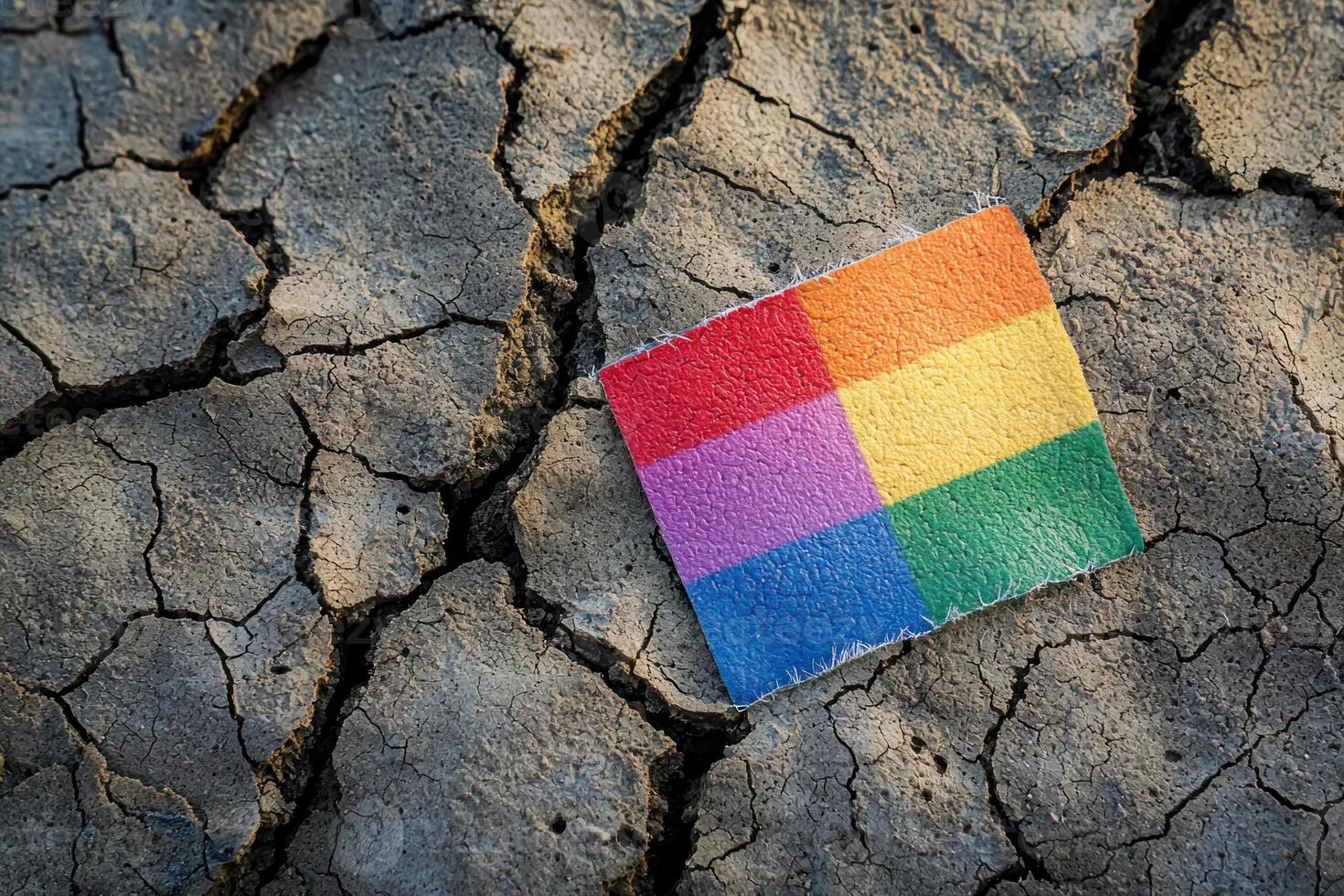 Rainbow colored bandage on cracked earth symbolizes healing and recovery, representing rights activism and pride month. photo