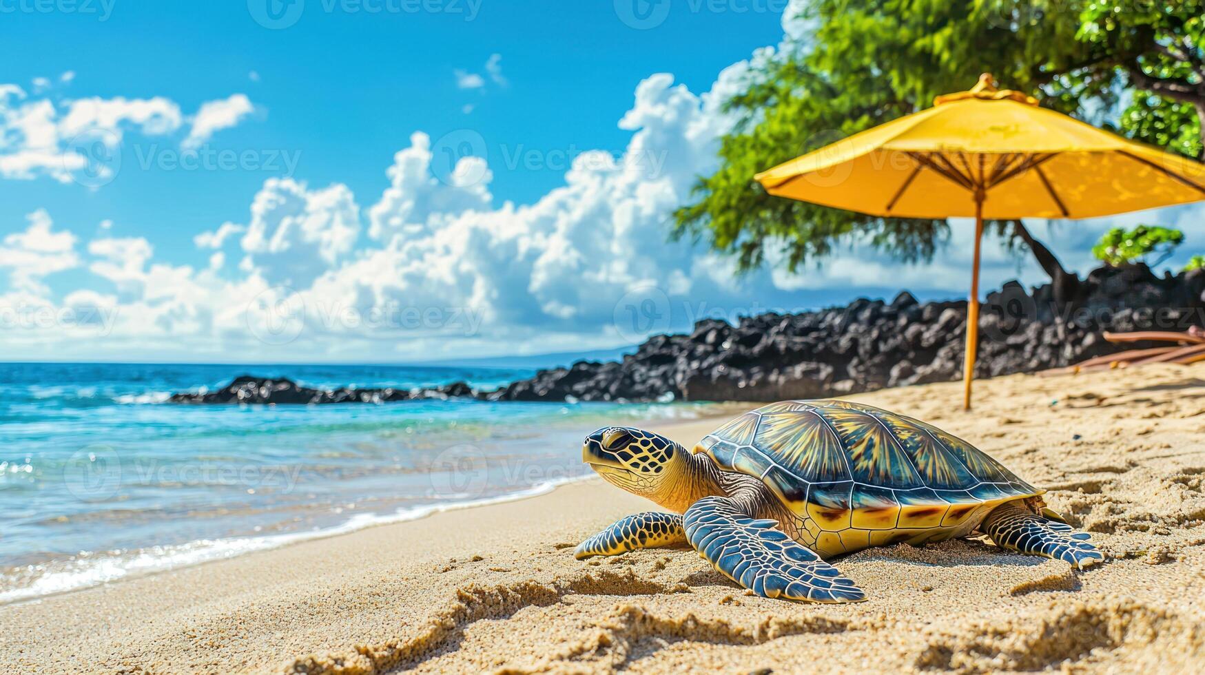 stylish turtle sunbathing on sandy beach in Hawaii with beach umbrella nearby, enjoying sunny day and tranquil ocean view photo