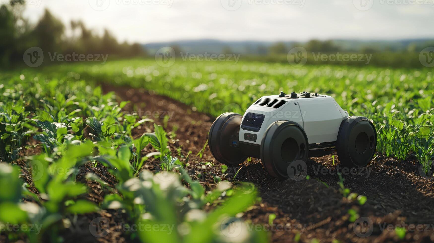 Farming robot in green field using 5G technology for innovative agriculture photo