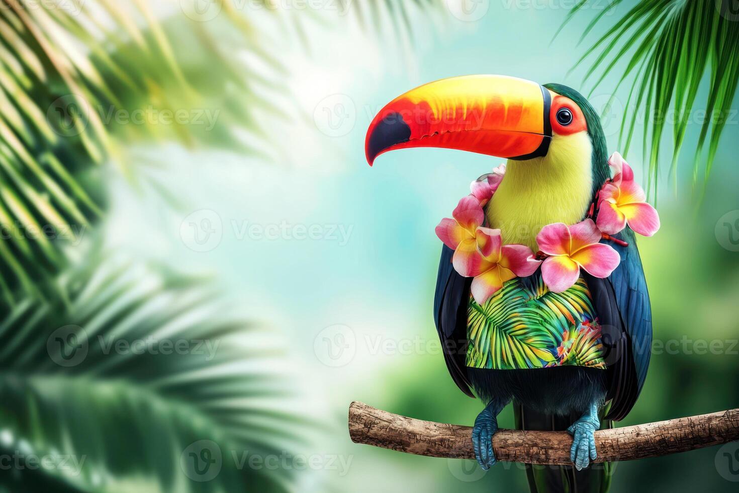 colorful toucan in Hawaiian outfit perched on tropical branch, surrounded by lush greenery, exuding cheerful summer vibe photo