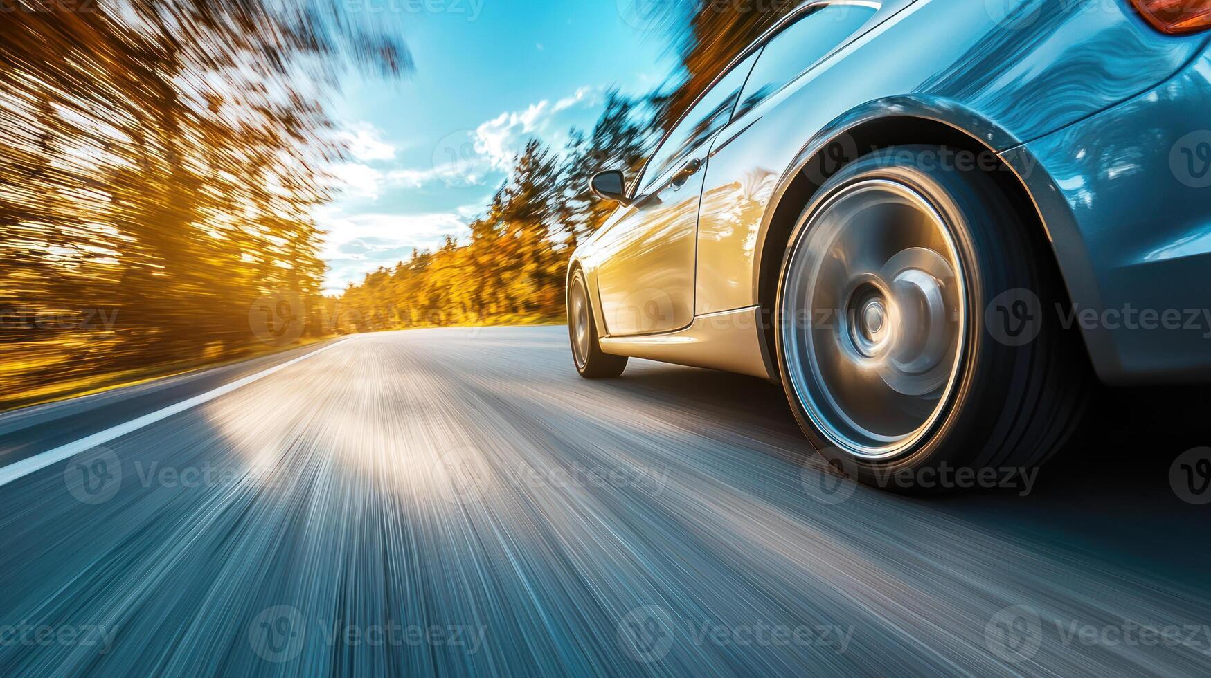 Fast car driving on road, capturing sense of speed and motion photo
