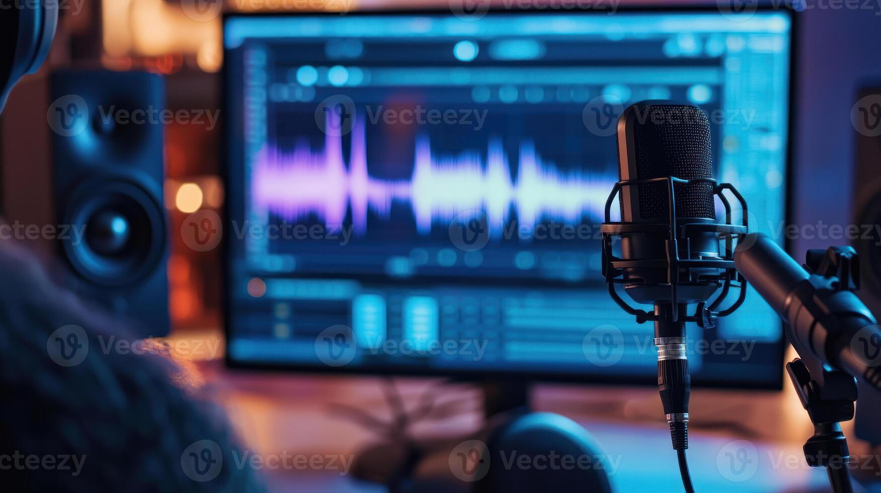 Person recording podcast with soundwave visualization screen, using professional voiceover equipment, creating engaging audio photo