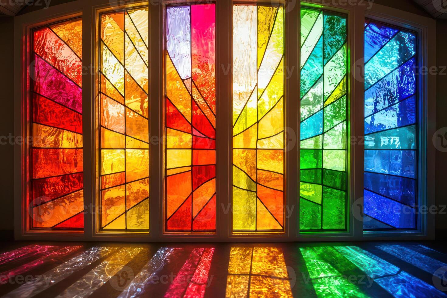Rainbow stained glass window design with vibrant colors and unity theme, creating beautiful atmosphere photo