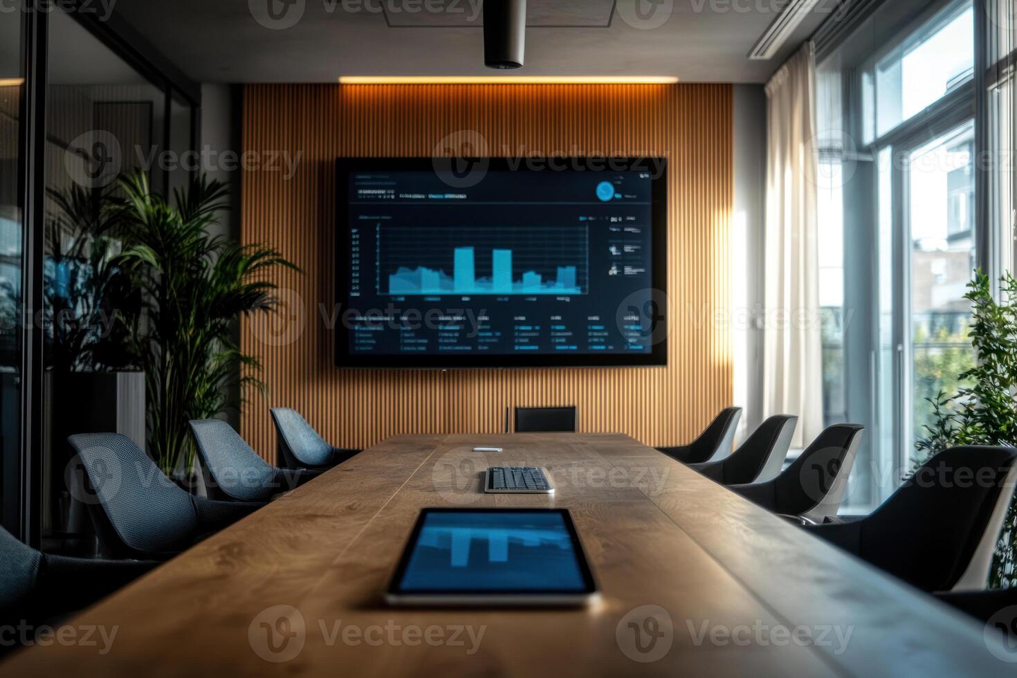 modern meeting room with wooden table, ergonomic chairs, and screen displaying analytics. photo