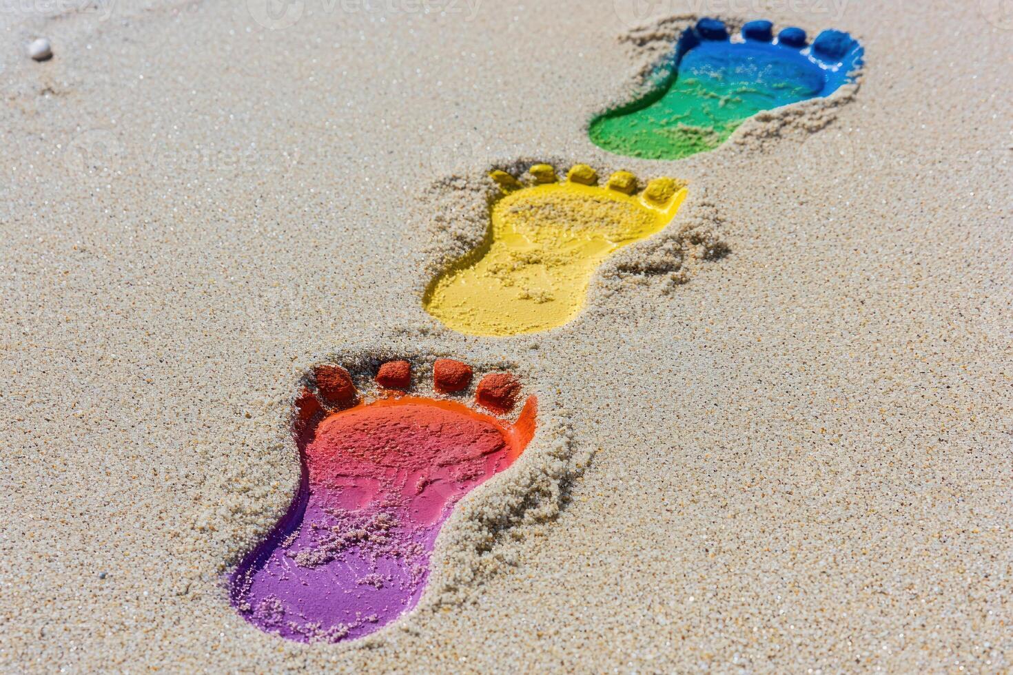 Rainbow colored footprints leading forward sandy beach background, symbolizing progress rights activism during pride month photo