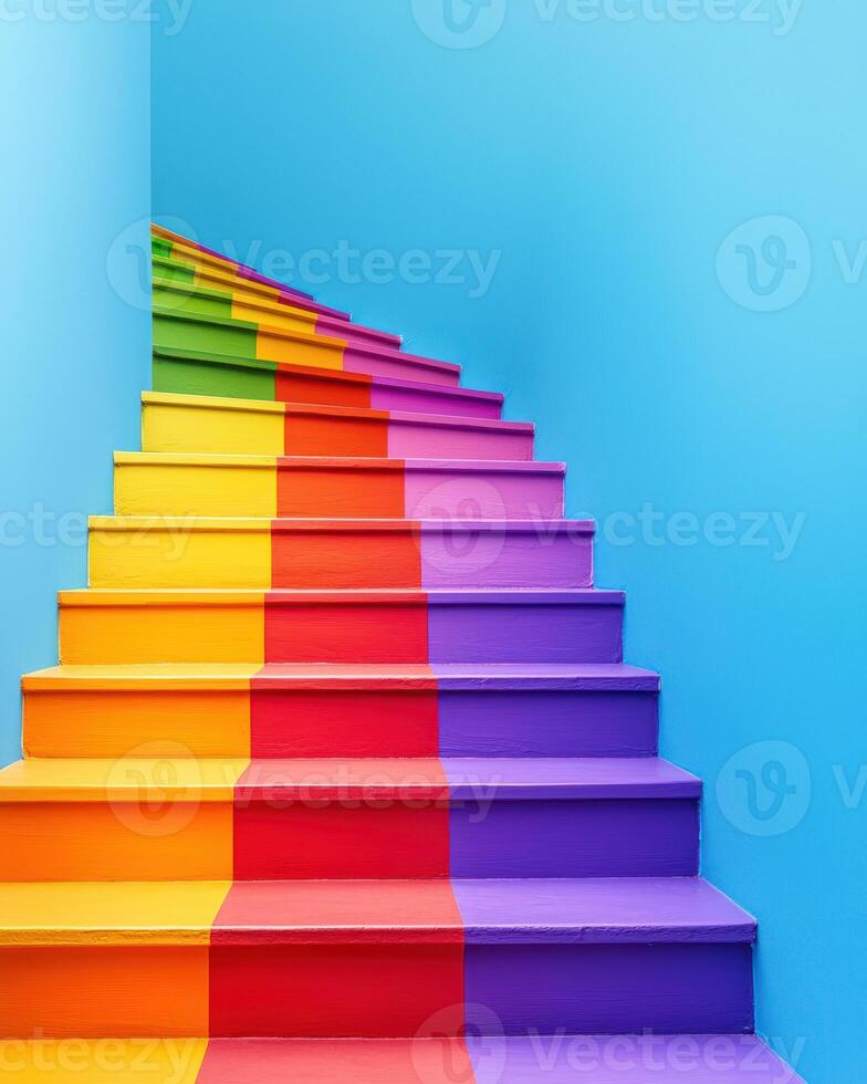 Rainbow colored staircase leading upwards symbolizes progress and rights activism, perfect for pride month with ample copy photo