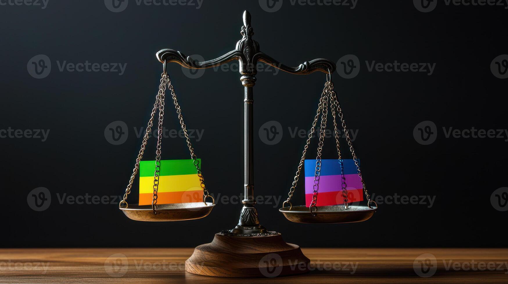 Balanced scales of justice with rainbow weights symbolize equality and rights activism, perfect for pride month photo