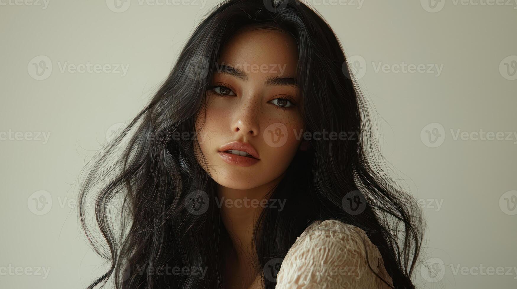 Luxurious long hair styled in voluminous waves, showcasing blend of hues. model exudes confidence and elegance photo