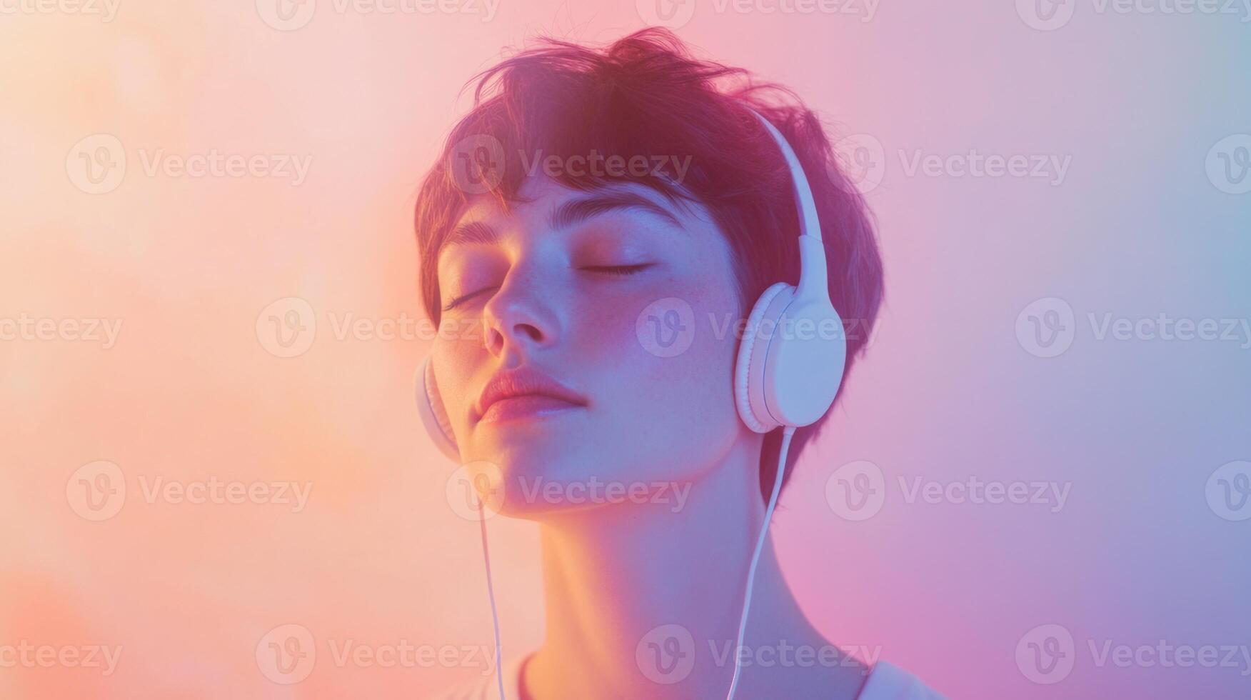 A woman with headphones listening to music photo