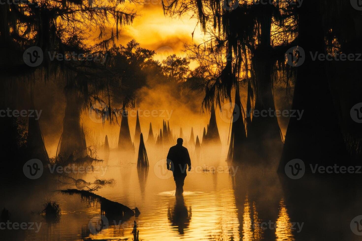 A man walking through a swamp at sunset photo