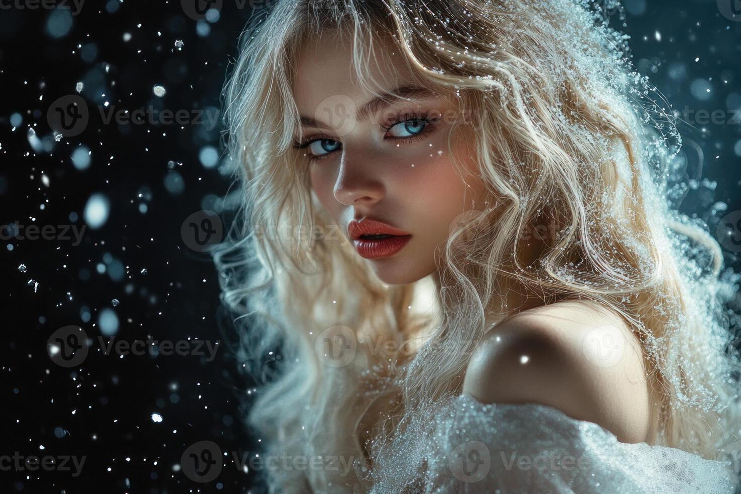 Beautiful blonde woman in white dress with snow falling photo