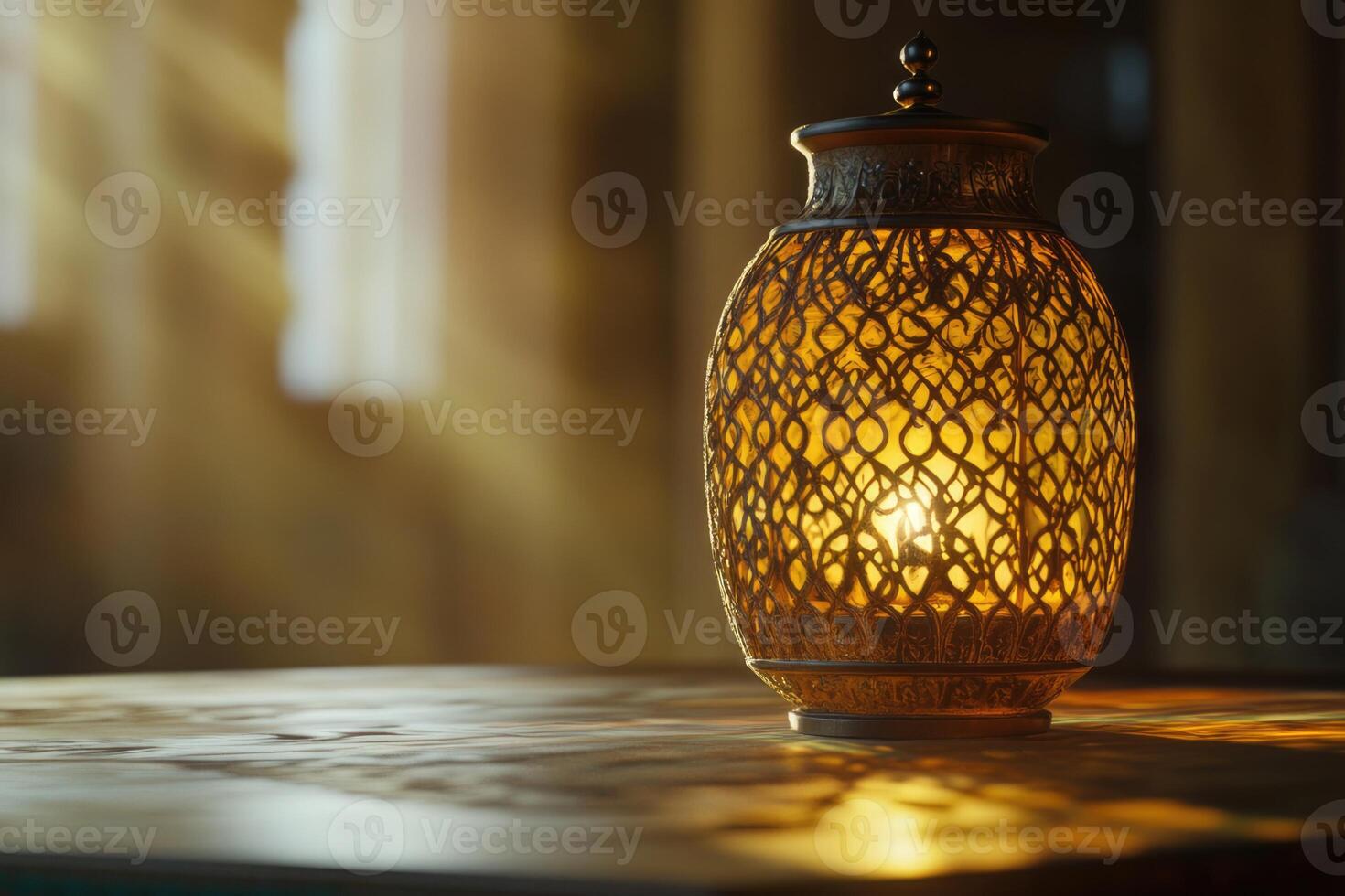 A lamp on a table in front of a window photo