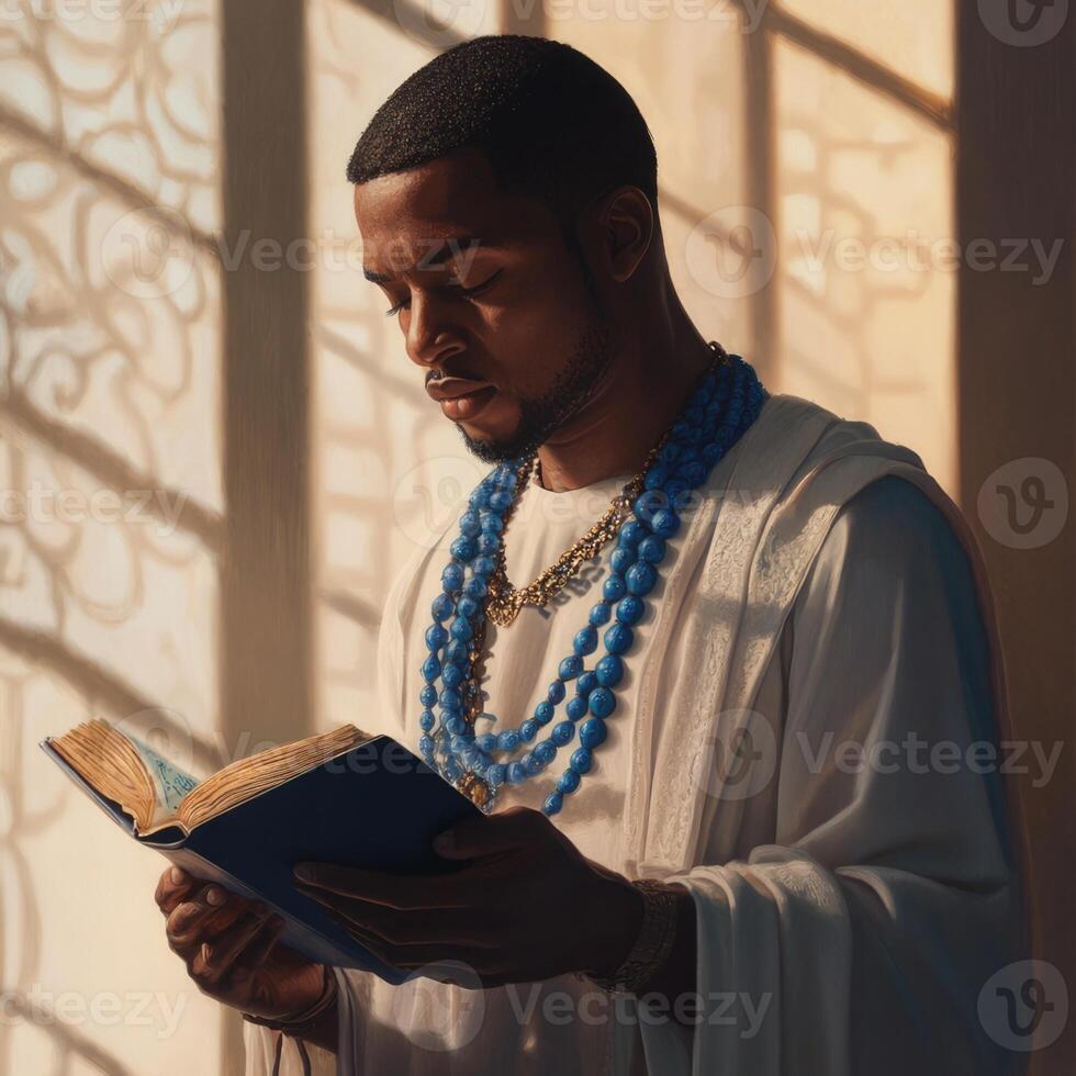 A man in a white robe is reading a book photo
