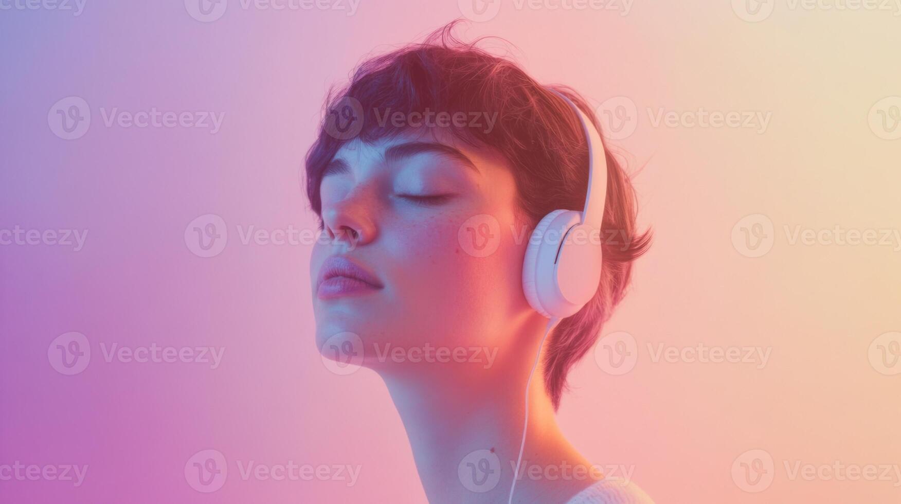 A woman with headphones listening to music photo