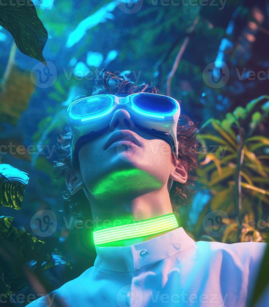 A man wearing a neon green lighted glasses in the jungle photo