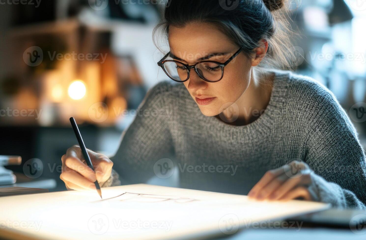 A woman is drawing on a piece of paper photo