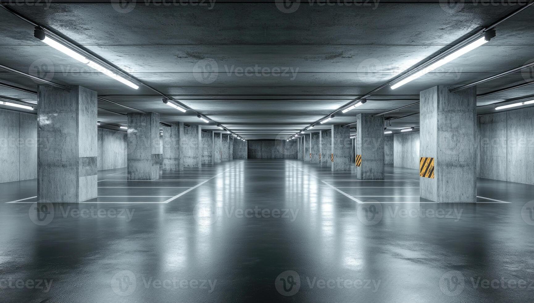 Empty parking garage with concrete floors and lights photo