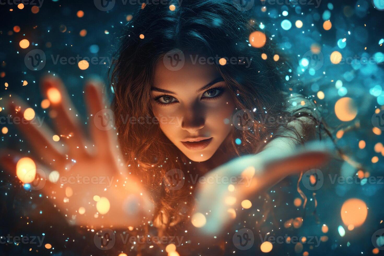 A beautiful woman with glowing hands and a sparkly background photo