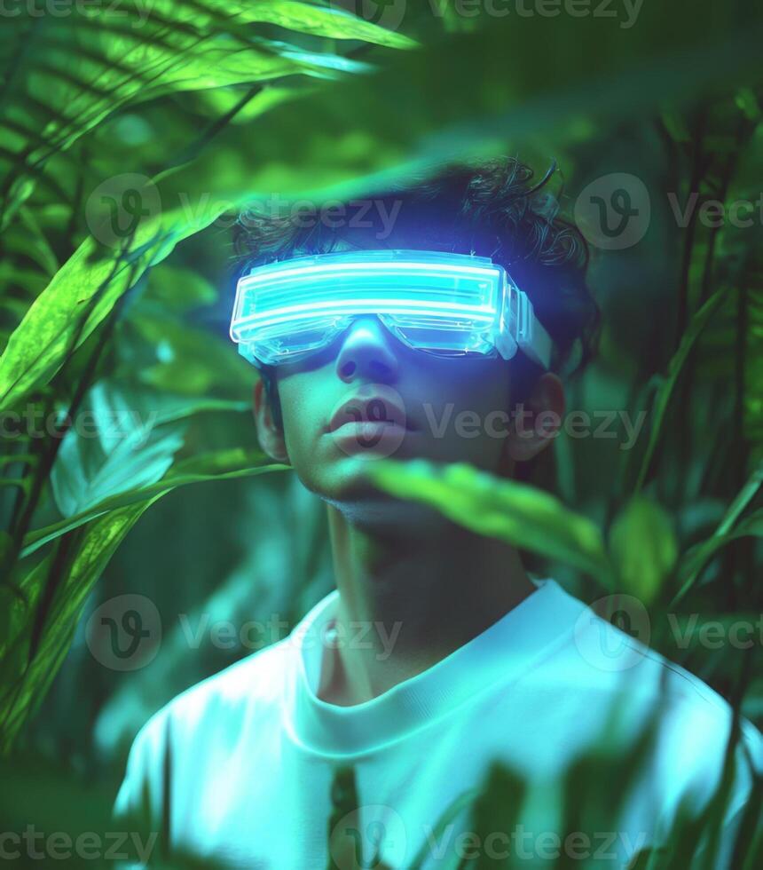 A man wearing a futuristic looking glasses in the jungle photo