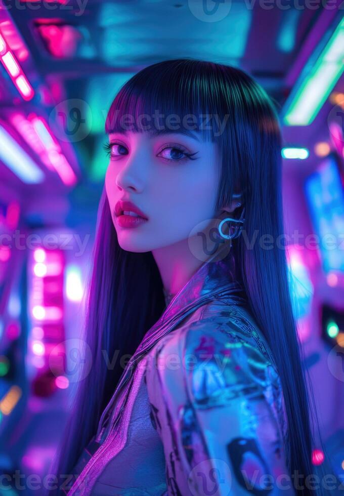 A woman with long hair and neon lights photo