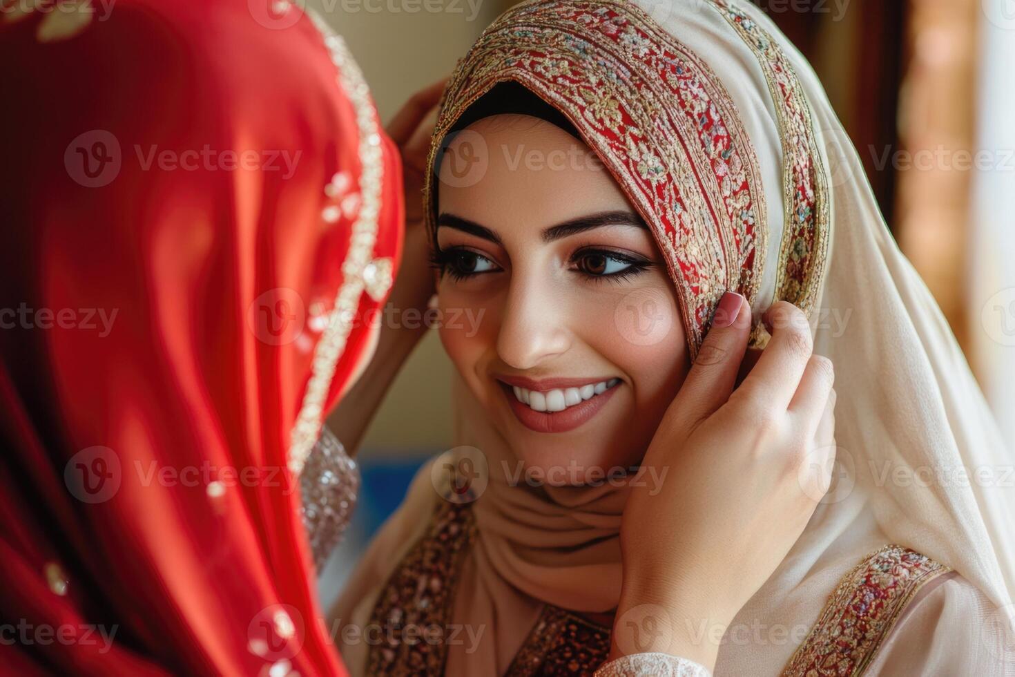 A woman in a traditional muslim wedding dress is smiling photo