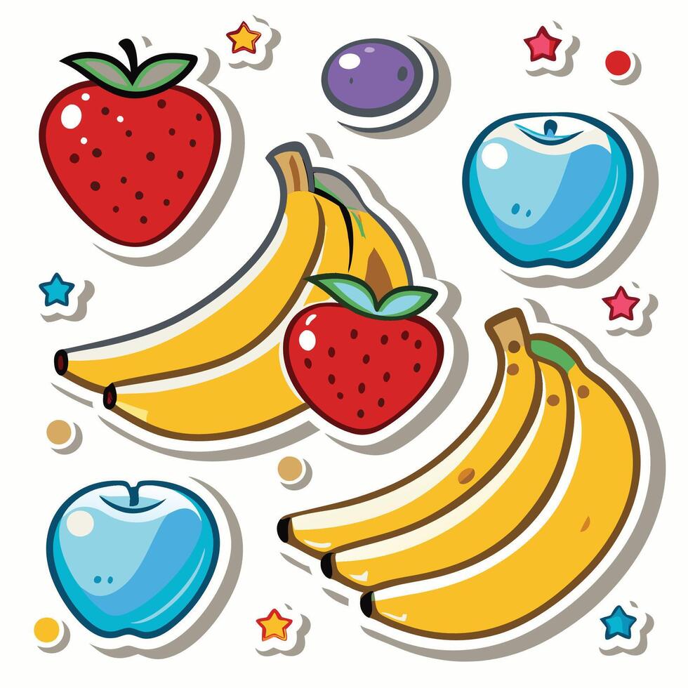 a set of fruit stickers with strawberries, bananas and apples vector