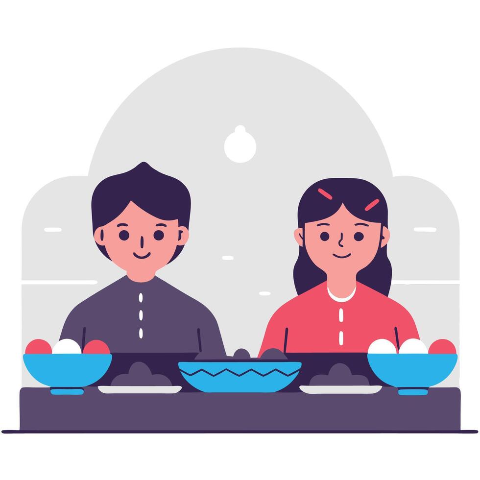 Two children sharing a meal vector
