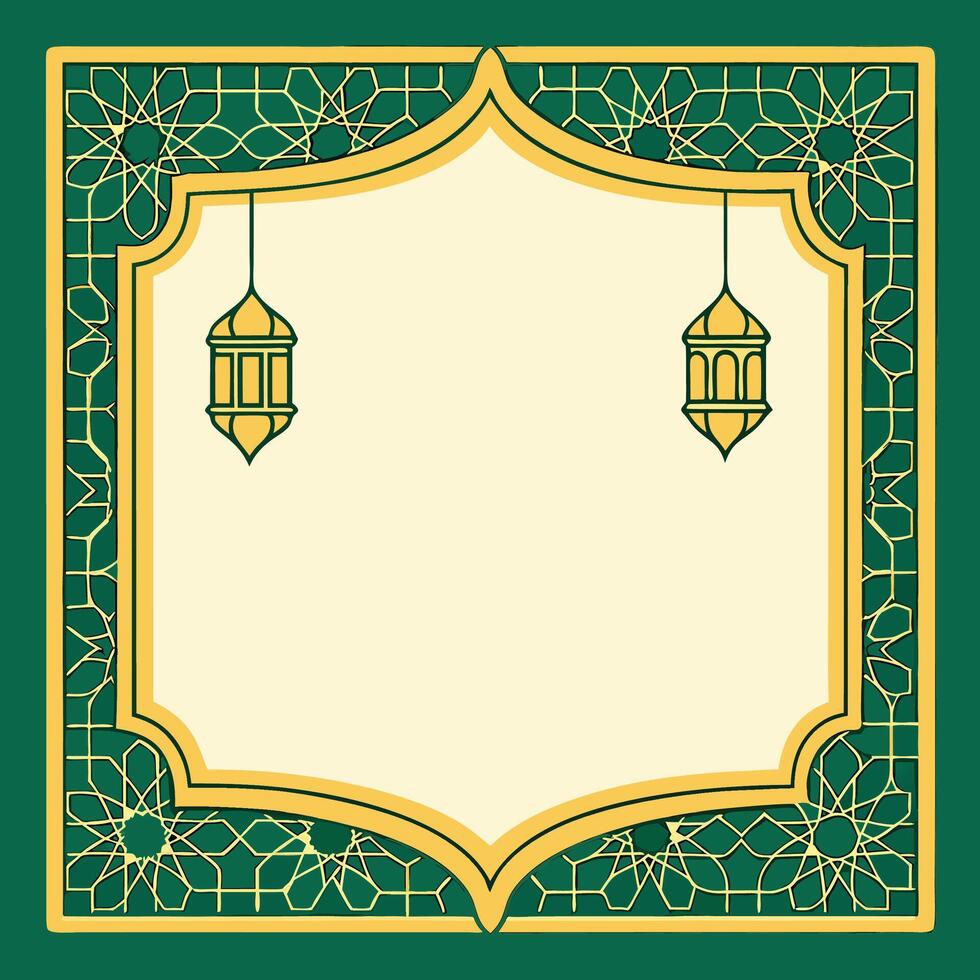 Islamic design template with lanterns and geometric pattern border. vector