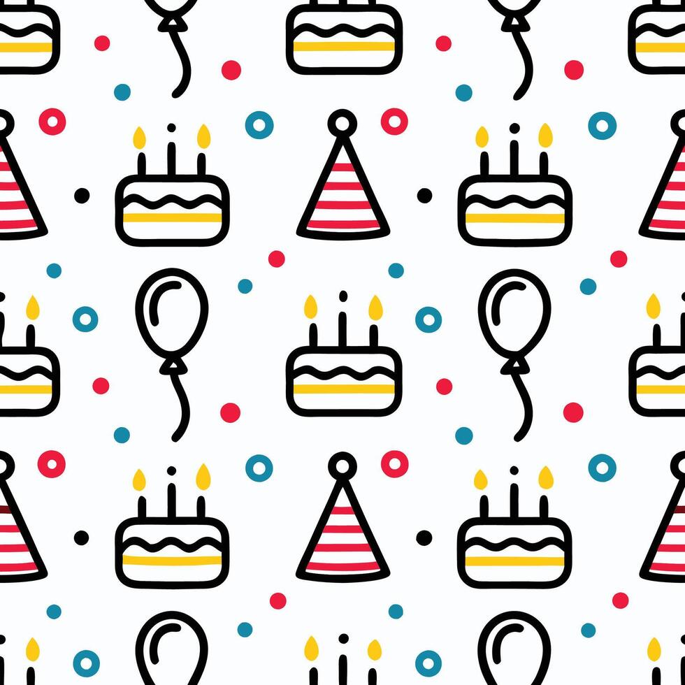 Seamless pattern with birthday cake, candles, balloon, and party hat. vector