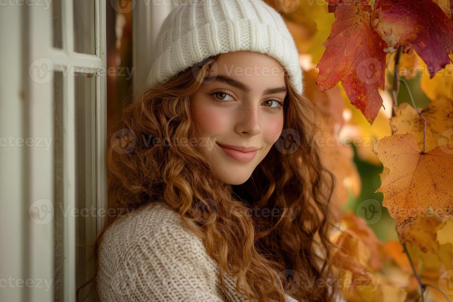 A woman with long curly hair wearing a white hat photo
