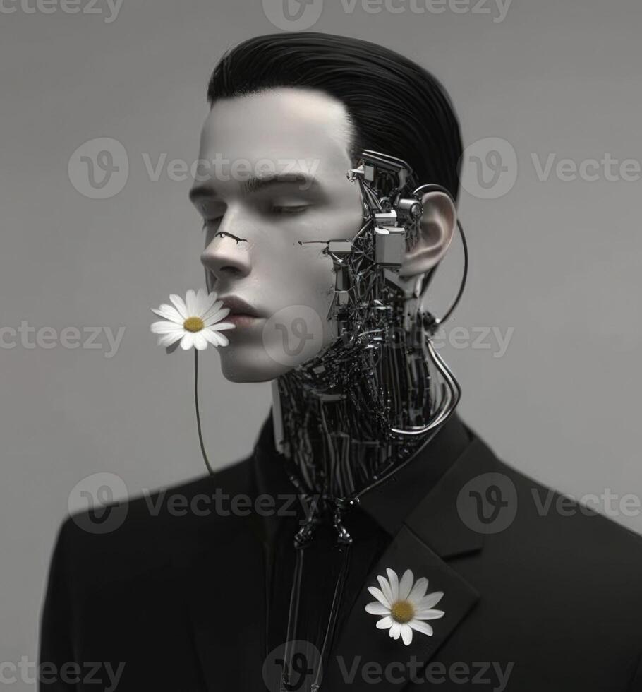 A man with a flower in his mouth and a robot head photo