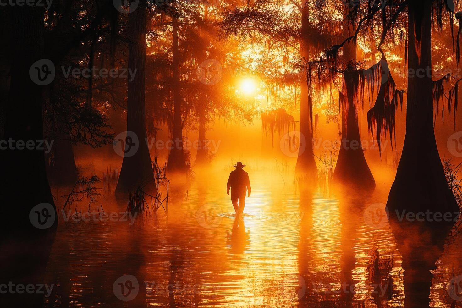A man in a hat is walking through a swamp at sunset photo