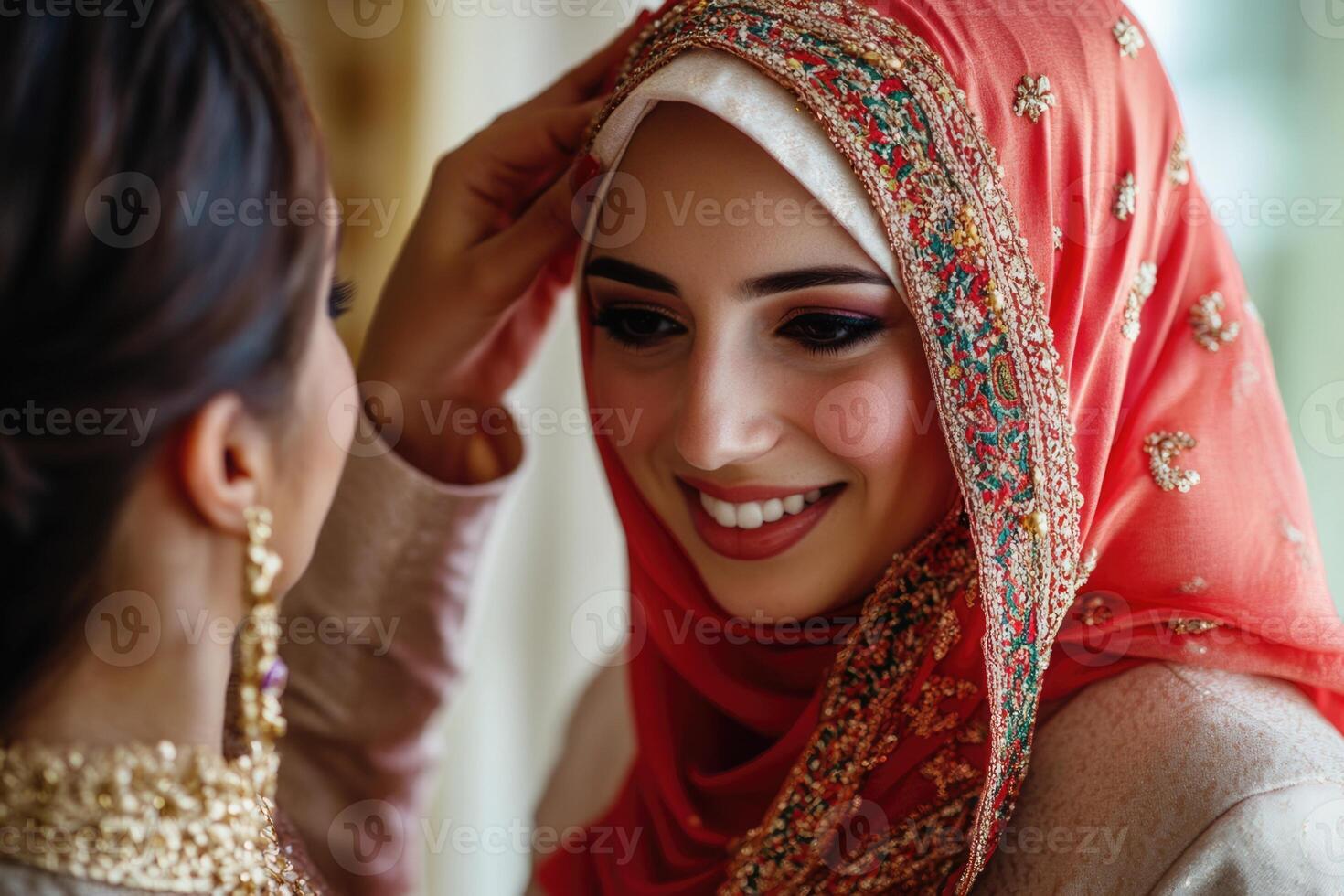 A woman in a traditional muslim wedding dress is smiling photo