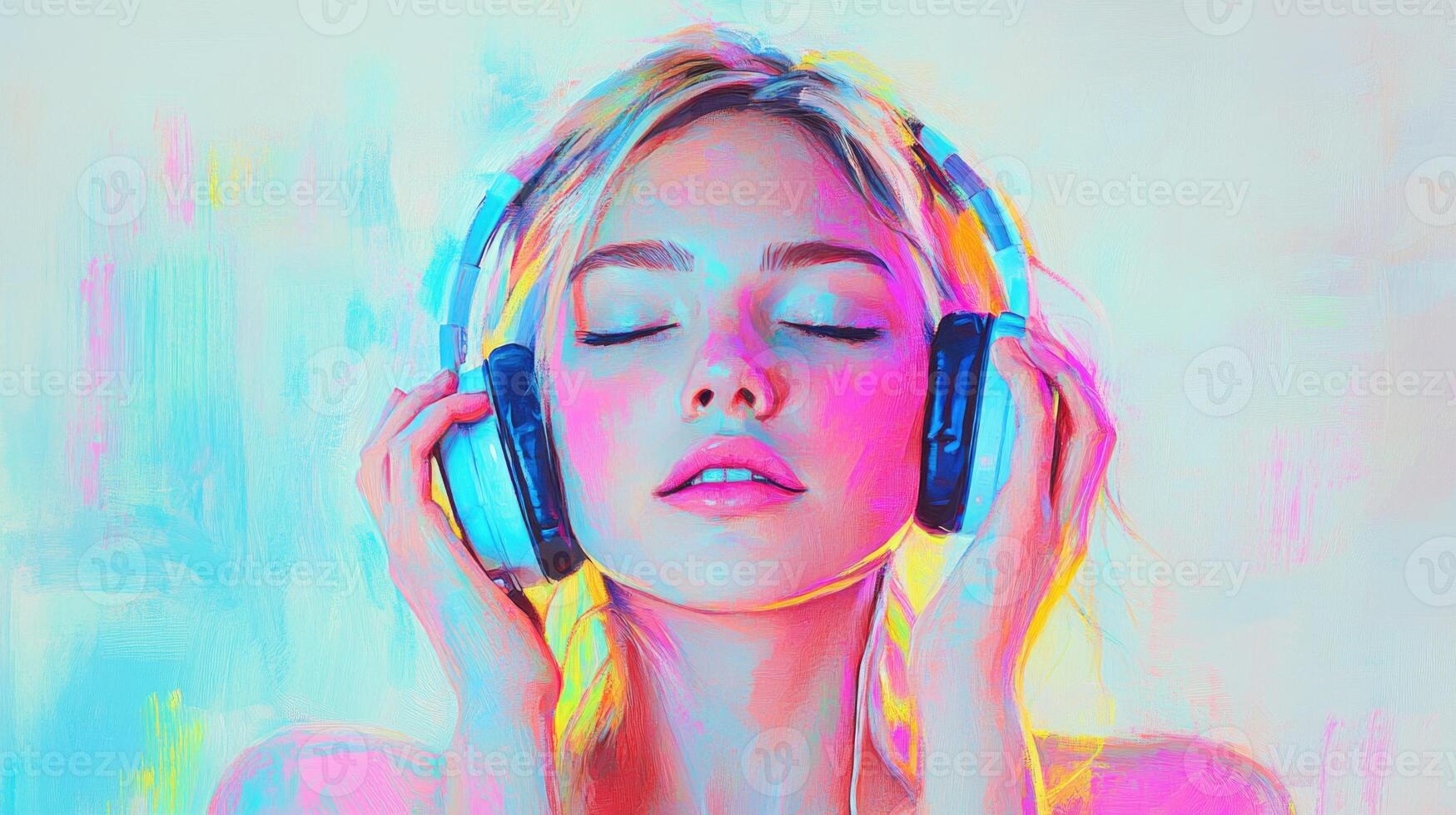 A woman with headphones on her face photo