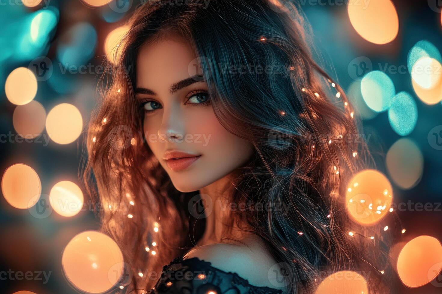 Beautiful girl with long hair and lights photo