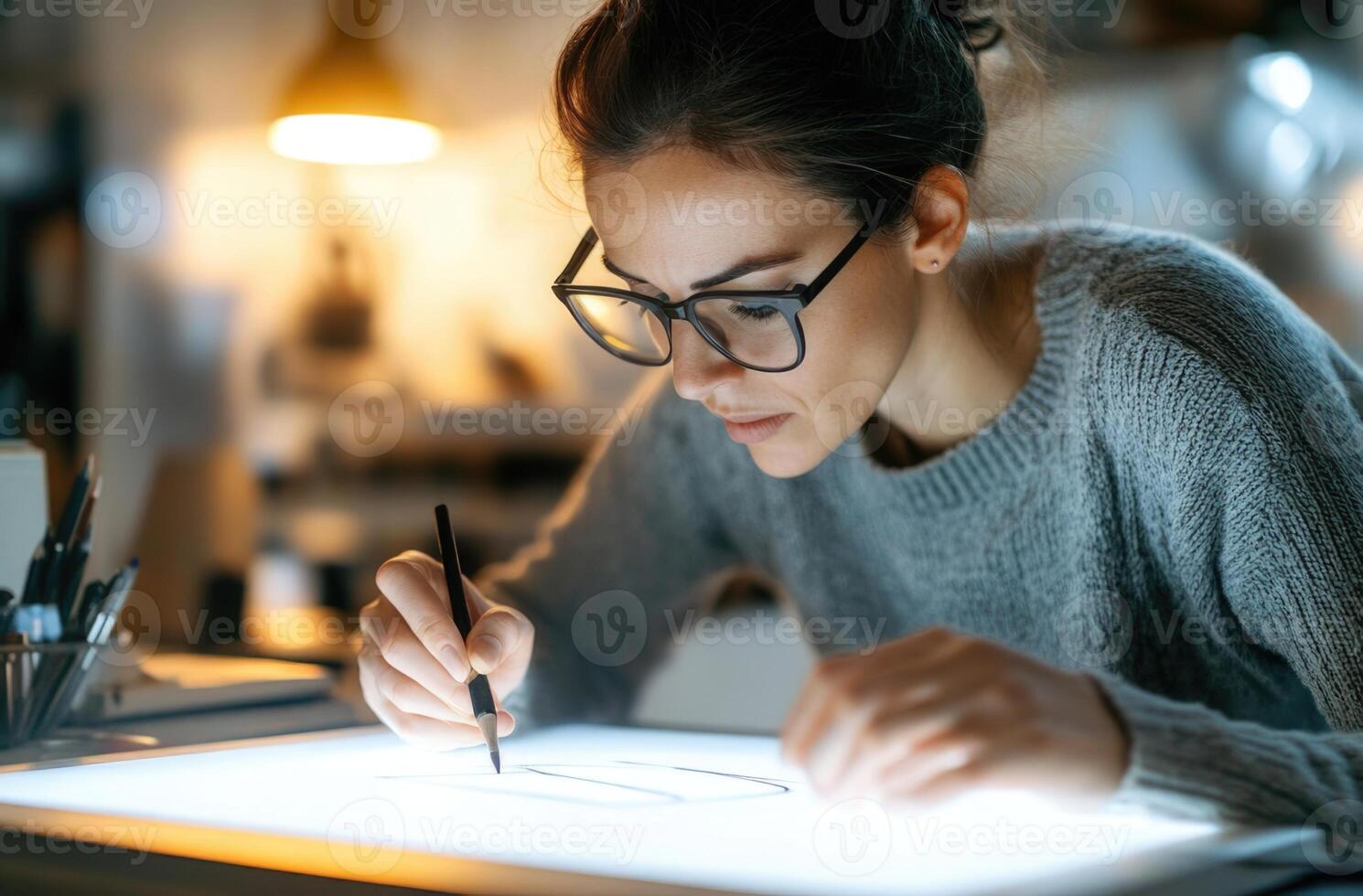 A woman is drawing on a piece of paper photo