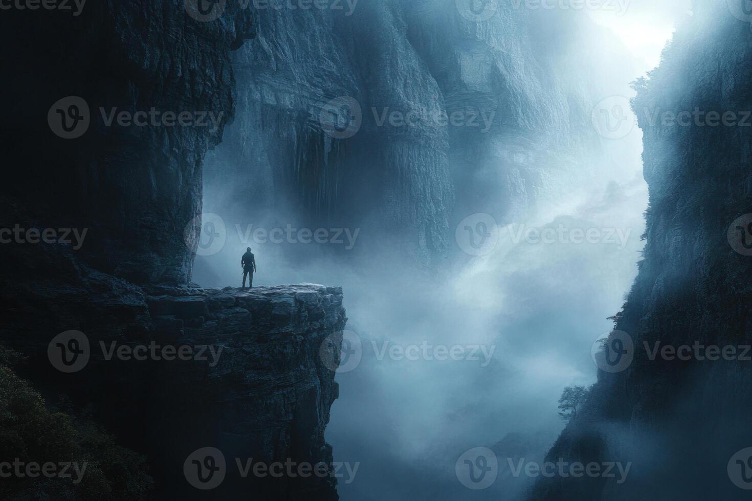 A man standing on a cliff in a dark cave photo