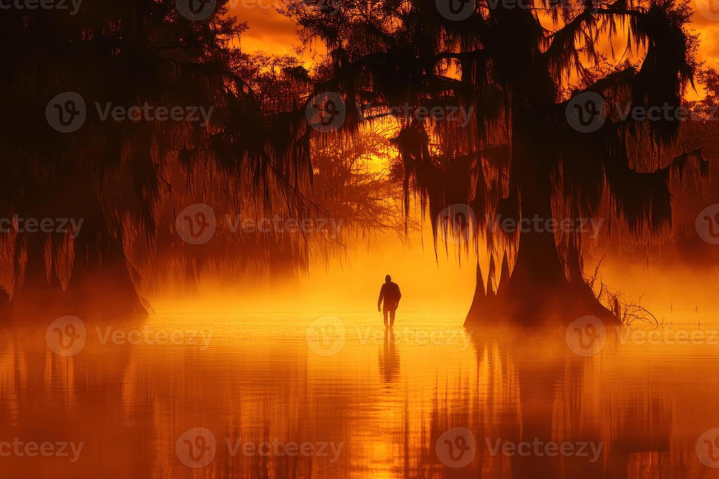 A man is walking through the water at sunset photo