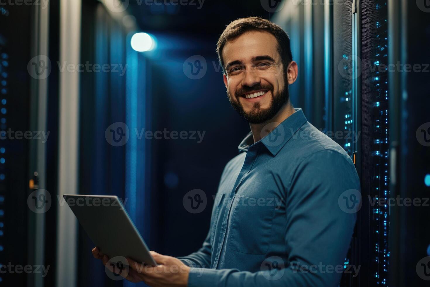 A smiling man holding a tablet in a server room photo