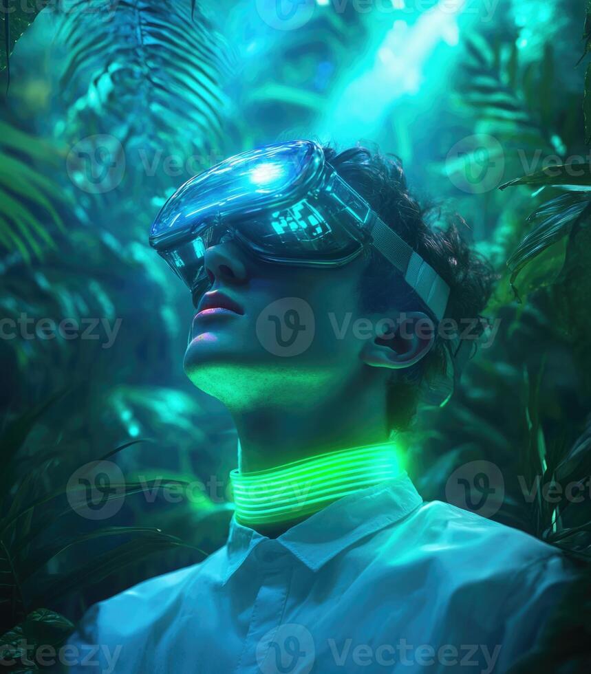 A man wearing a virtual reality headset in the jungle photo