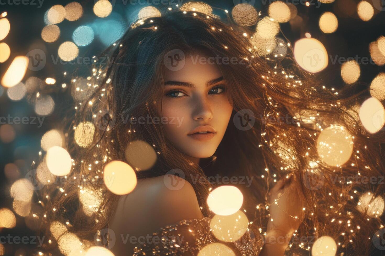 Beautiful woman with long hair and sparkles in the background photo
