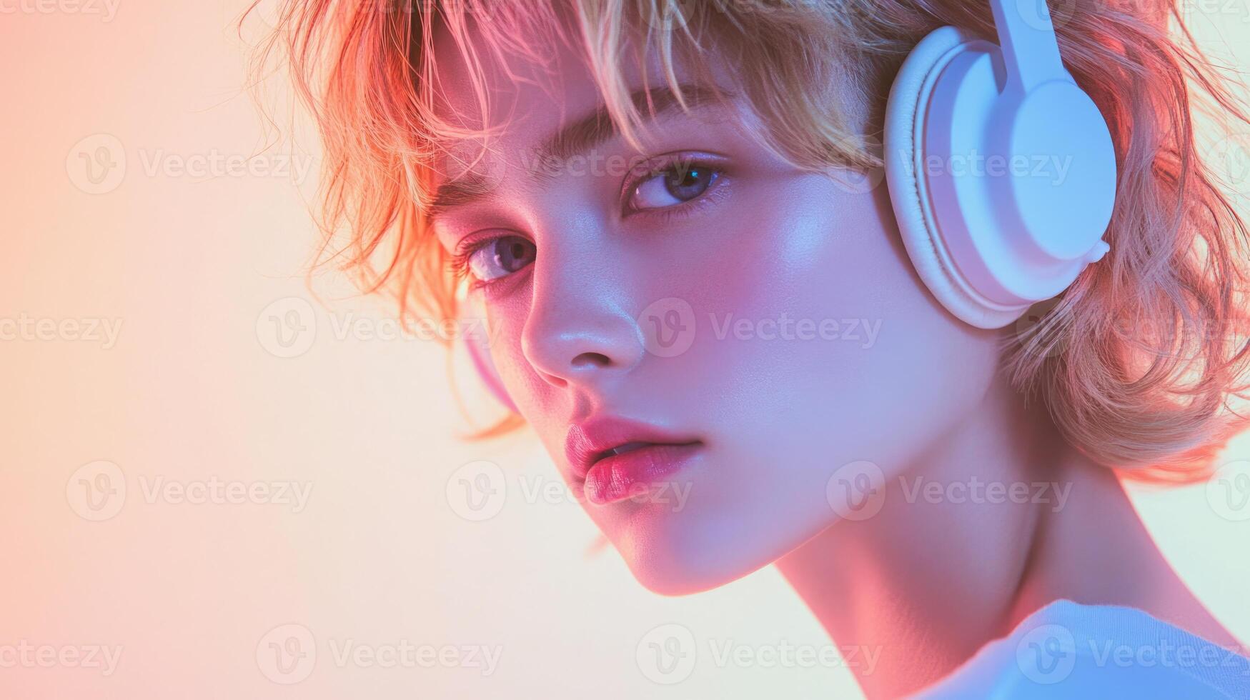 A woman with headphones on her head photo