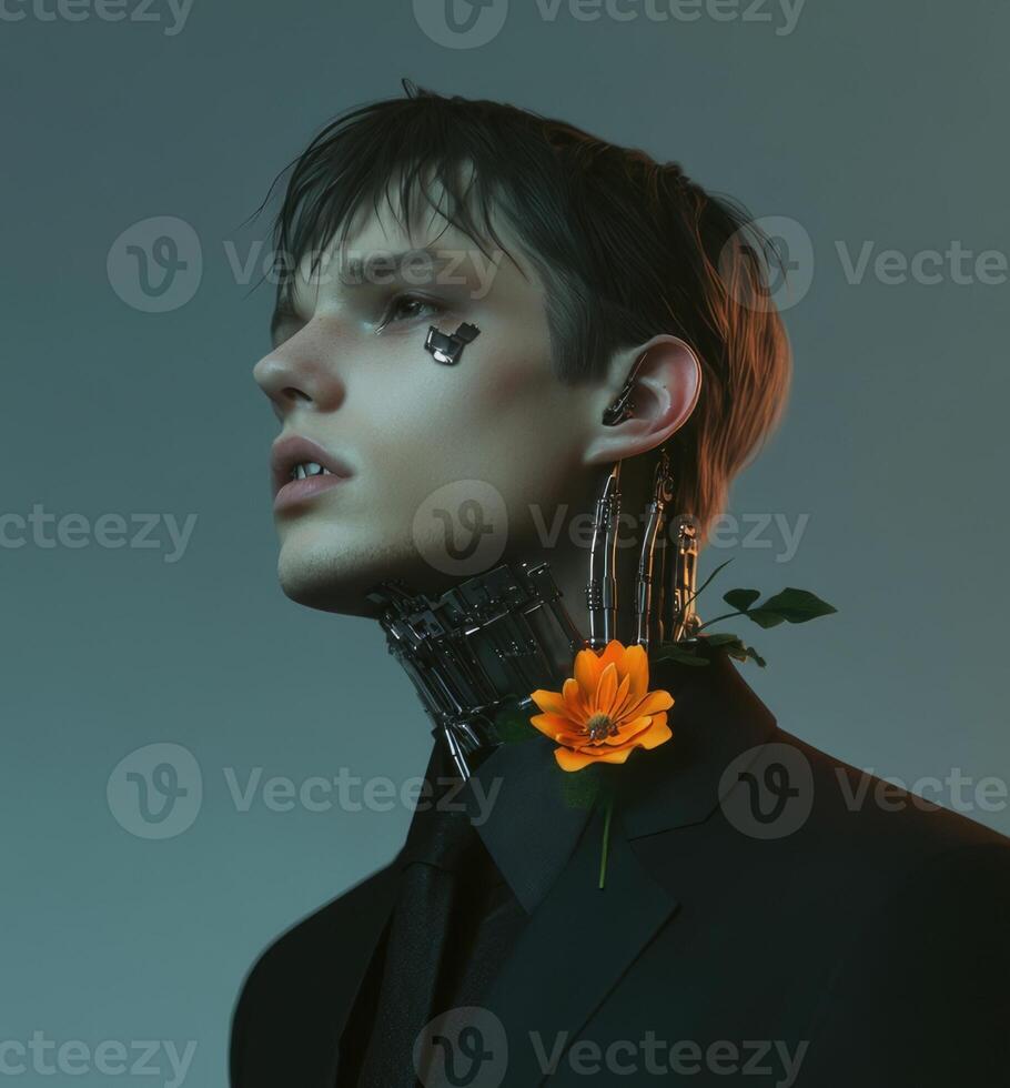 A man with a flower on his neck photo