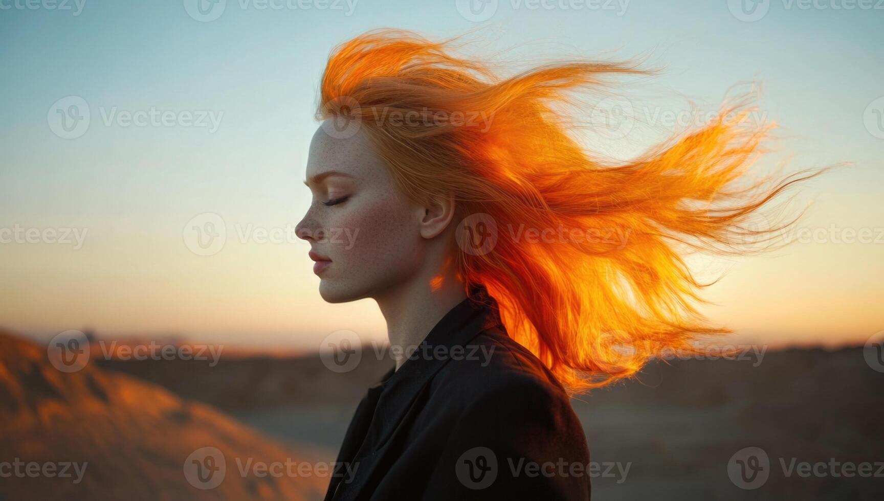 A woman with orange hair and a black jacket photo