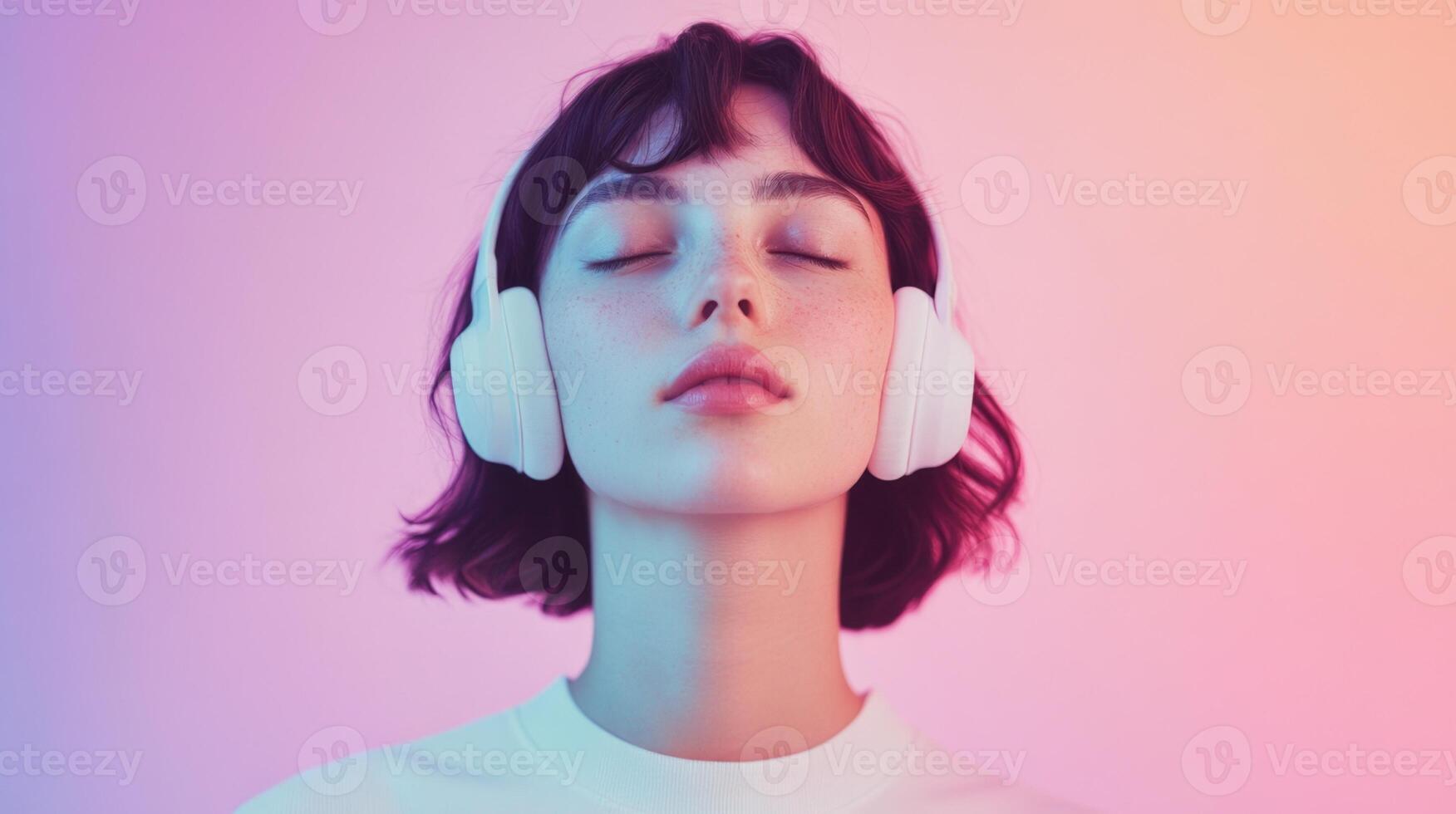 A woman with headphones on her head photo
