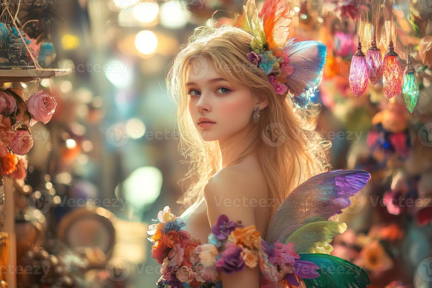 A beautiful young woman with colorful wings and a flower crown photo