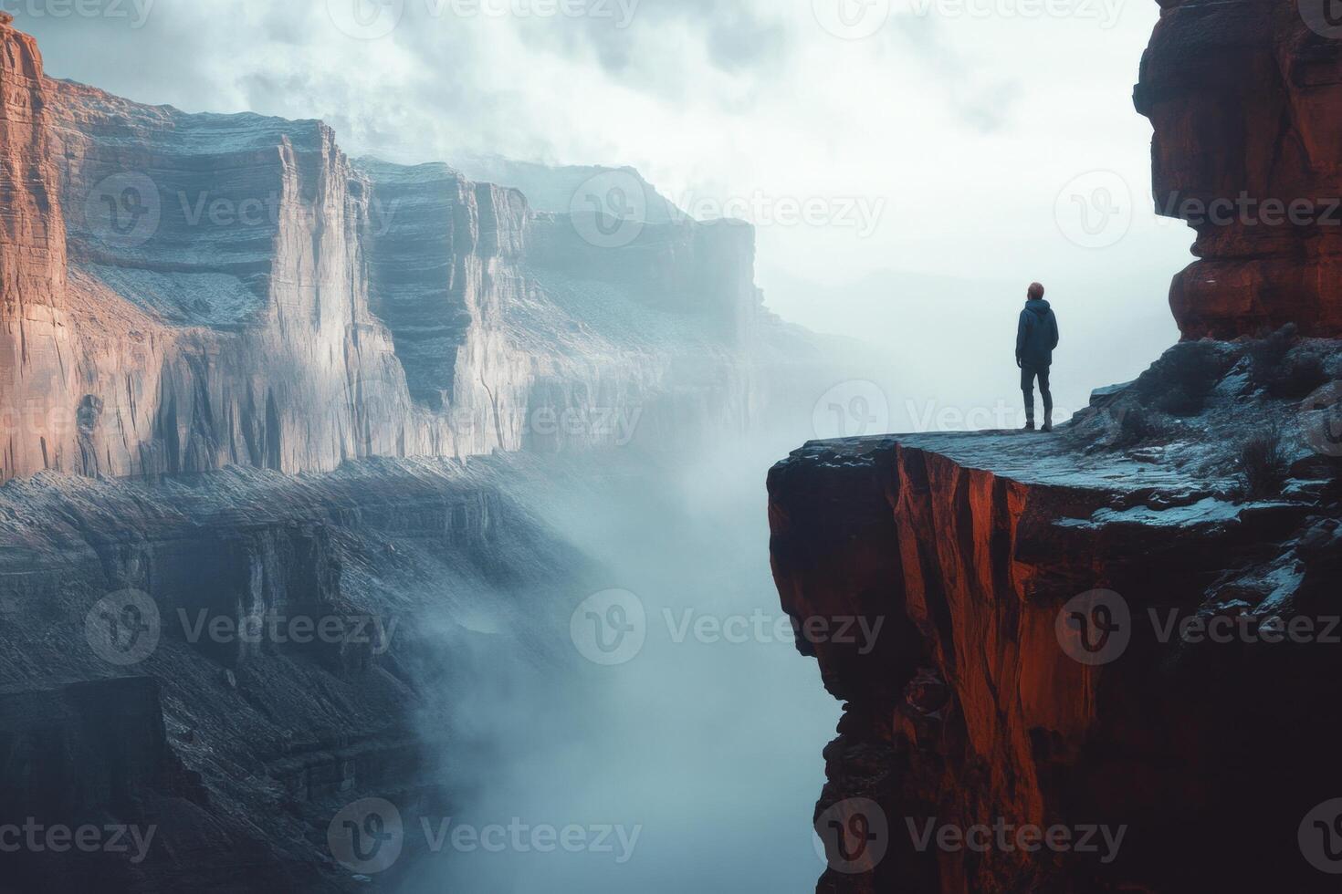 A man standing on the edge of a cliff looking at the canyon photo